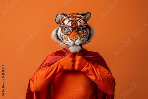 Person with face paint resembling a tiger wearing glasses and a red cape against an orange background, portraying a superhero photo