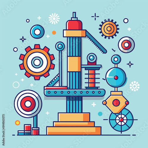 Illustration featuring a stylized machine with gears and cogs, created with simple lines and bright colors, A simple yet impactful design that embodies the concept of precision engineering