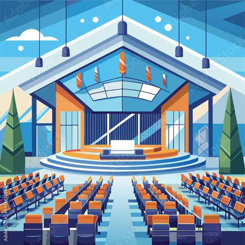 A modern conference center auditorium with rows of seats facing a stage, A sleek and elegant conference center offering state-of-the-art facilities