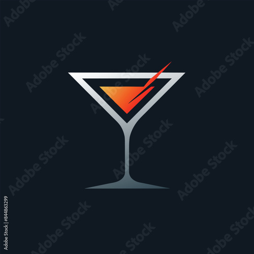 A minimalist, elegant logo design featuring a silver martini glass filled with orange liquid on a dark background, A sleek and elegant logo of a martini glass