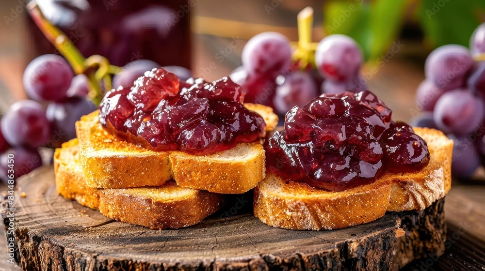 Close-up of delicious grape jam on toasted bread with fresh grapes in the background. Perfect for breakfast or snack ideas. Close-up of delicious grape jam on toasted bread with fresh grapes in the background. Perfect for breakfast or snack ideas.