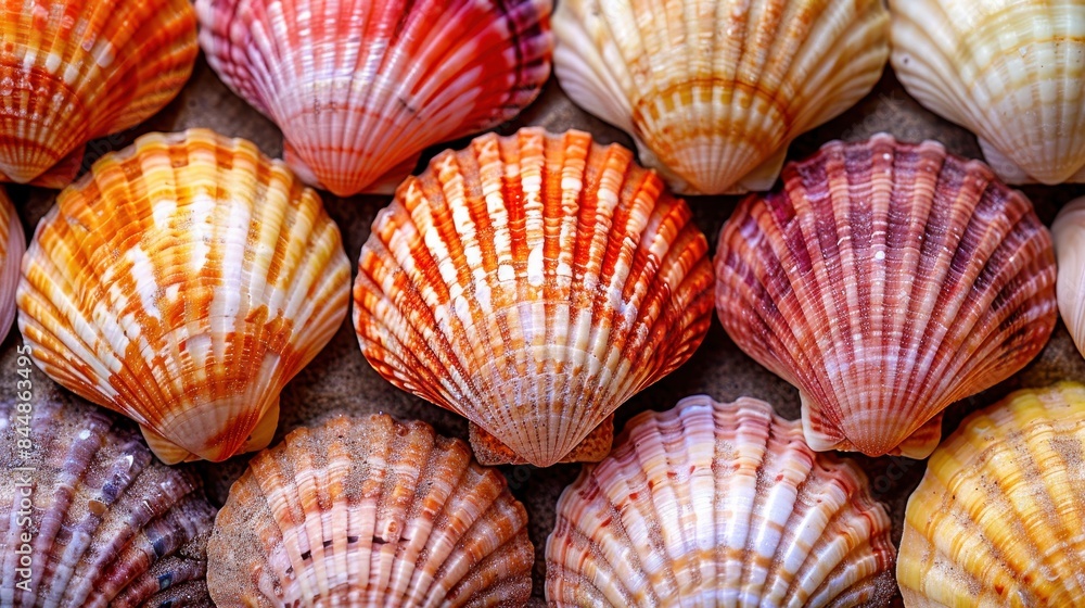 Close-up of various colorful seashells arranged neatly. Vibrant natural textures and patterns showcasing the beauty of marine life.