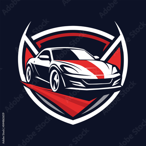 A modern and sleek logo design featuring a sports car inside a shield, representing a car dealership, A sleek and modern design representing a car dealership