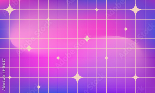 Y2K abstract purple background with grid and stars. Pastel mesh gradient squared wallpaper. Trendy minimalist vector design in brutalism style
