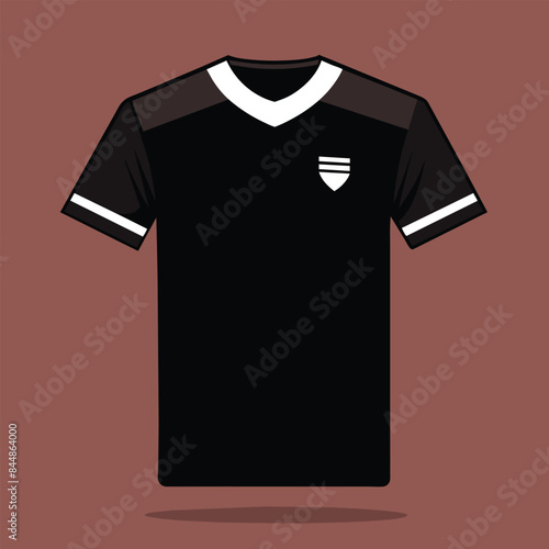 A black t-shirt with a white geometric design on the chest and white trim around the neckline and sleeves, A sleek black t-shirt with a small white geometric shape