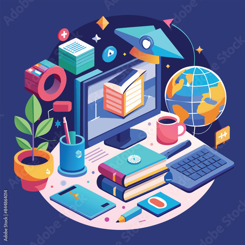 A colorful illustration featuring a computer, books, and a globe, symbolizing a modern virtual learning experience, A sleek and understated design for a virtual learning environment