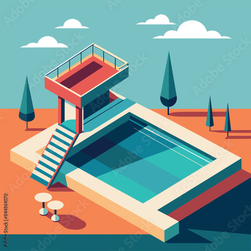 An isometric illustration depicting a swimming pool with a platform and stairs, surrounded by trees and a blue sky, A sleek design featuring a swimming pool with diving board