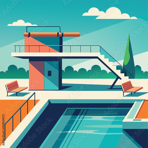 A minimalist illustration of a diving platform and pool, set against a sunny blue sky and greenery, A sleek design featuring a swimming pool with diving board