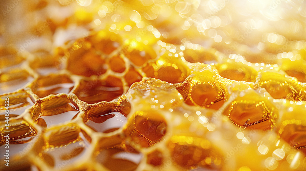 Macro Closeup of Golden Honeycomb Filled with Honey in Warm Sunlight Macro Closeup of Golden Honeycomb Filled with Honey in Warm Sunlight