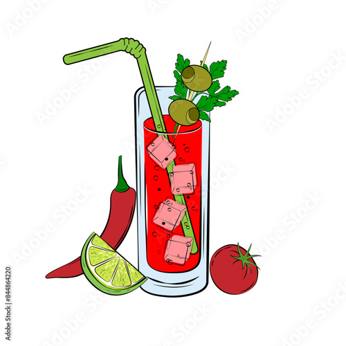 Bloody Mary cocktail in glass highball hand drawn vector illustration for January 1st. Alcoholic drink ice cubes tomatoes lemon peppers olives celery branch  for bar restaurant menu festival banner