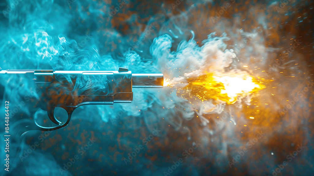 Φωτογραφία Pistol Firing with Bright Orange Flame and Blue Smoke Against Dark Blurred Backg