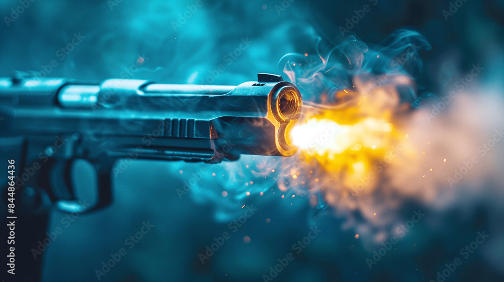 Pistol Firing Bullet with Bright Flame in Dark Smoky Background Close Up Action Moment Pistol Firing Bullet with Bright Flame in Dark Smoky Background Close Up Action Moment