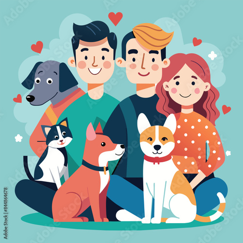A colorful illustration featuring a happy couple and their pets in a simple and modern style, A sleek, minimalistic design showing pets and their owners bonding