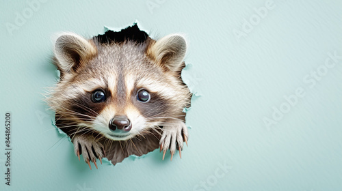 Curious Raccoon Peeking Through a Turquoise Wall Bright Eyes and Whiskers Innocence and Mischief
