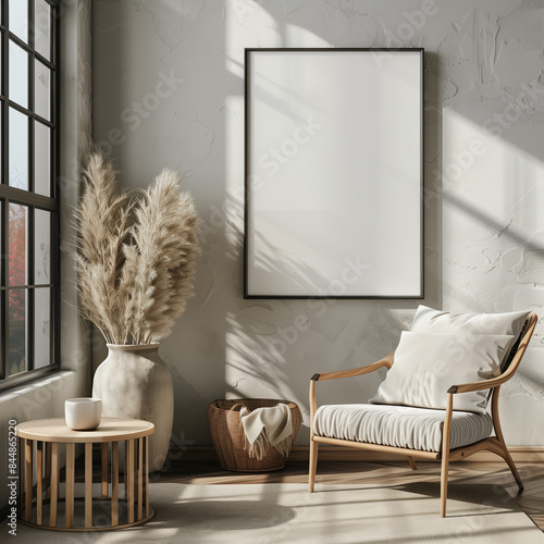 Mediterranean interior design of modern living room, wall with art frame 