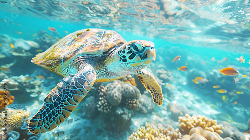 Sea Turtle Gliding Over Vibrant Coral Reefs in Pristine Turquoise Ocean Waters with Fish Surrounding