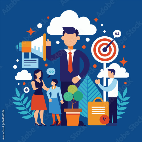 A graphic representing a business leader communicating a vision to their team, focusing on achieving goals and success, A subtle and elegant graphic representing the art of persuasion in marketing