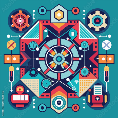 Colorful Abstract Geometric Design With Symmetrical Layout Symbolizing Harmony And Precision, A symmetrical layout symbolizing harmony and precision in technology