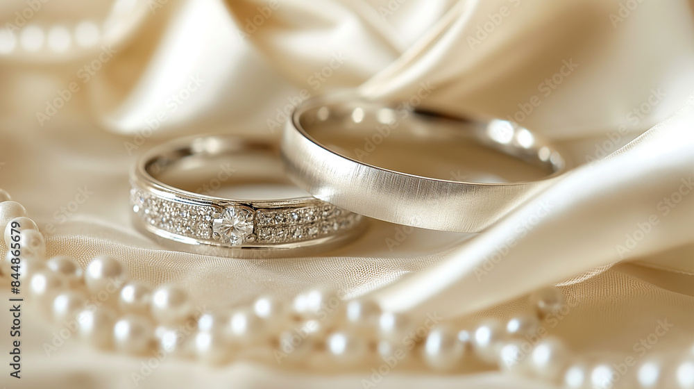 Wedding rings and pearls on satin, showcasing gold, silver, and diamond bridal jewelry Wedding rings and pearls on satin, showcasing gold, silver, and diamond bridal jewelry