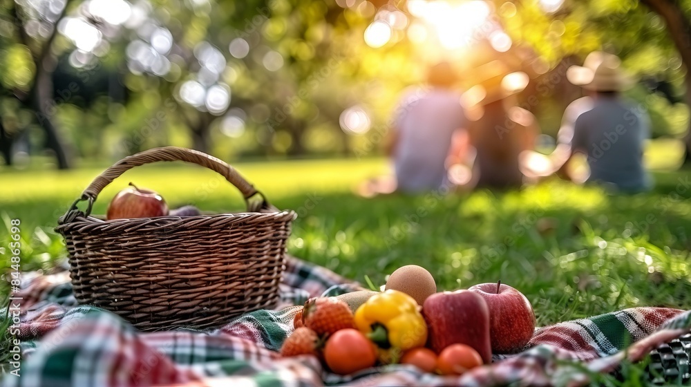 A wicker basket filled with apples and lemons sits on a picnic blanket against a backdrop of flowering trees and greenery. A wicker basket filled with apples and lemons sits on a picnic blanket against a backdrop of flowering trees and greenery.