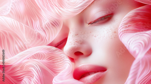 Close-up Serene Female Face Wrapped in Pink Flowing Fabric with Soft Lighting and Glitter Freckles