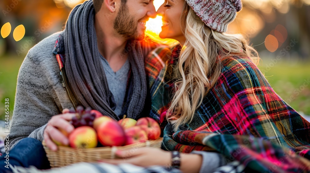 A wicker basket filled with apples and lemons sits on a picnic blanket against a backdrop of flowering trees and greenery. A wicker basket filled with apples and lemons sits on a picnic blanket against a backdrop of flowering trees and greenery.