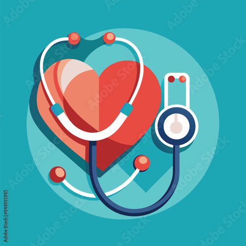 A flat, abstract icon depicting a red heart with a white stethoscope wrapped around it, symbolizing healthcare, abstract medical halth care icon with stethoscope and heart