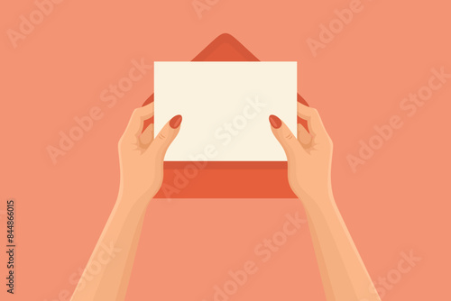 Flat Vector Illustration of Female Hands Holding a Blank Paper Sheet Out of an Envelope, Top View