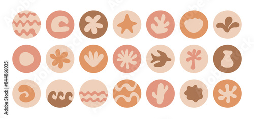 Set of groovy boho summer sticker with palm abstract shape in trendy retro naive simple style.. Sunny summer day aesthetic. Pastel brown colors.