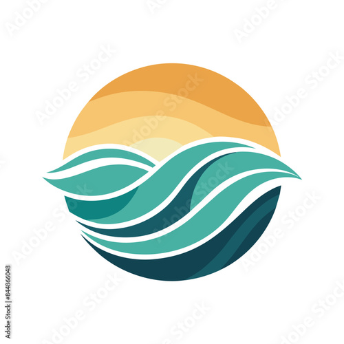 Abstract wave design with calming hues and a setting sun, Abstract waves in soothing hues for a coastal theme
