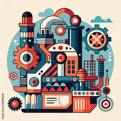 A vibrant abstract design featuring a complex industrial machine, intricate gears, and geometric patterns, An abstract design inspired by machinery and industrial processes