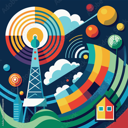 A stylized illustration of a broadcasting tower surrounded by colorful waves and geometric shapes, An abstract interpretation of broadcasting waves for a multimedia news network