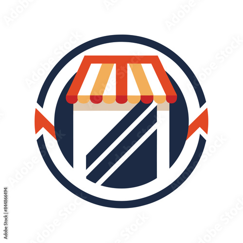 A circular logo symbolizing retail in the digital age, featuring a storefront with a striped awning, An abstract logo symbolizing retail in the digital age