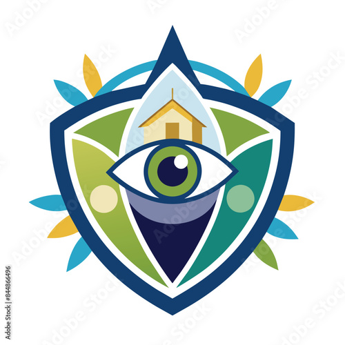 Colorful abstract logo featuring an eye, a house, and a shield, An abstract logo for a neighborhood watch group incorporating a simple eye shape