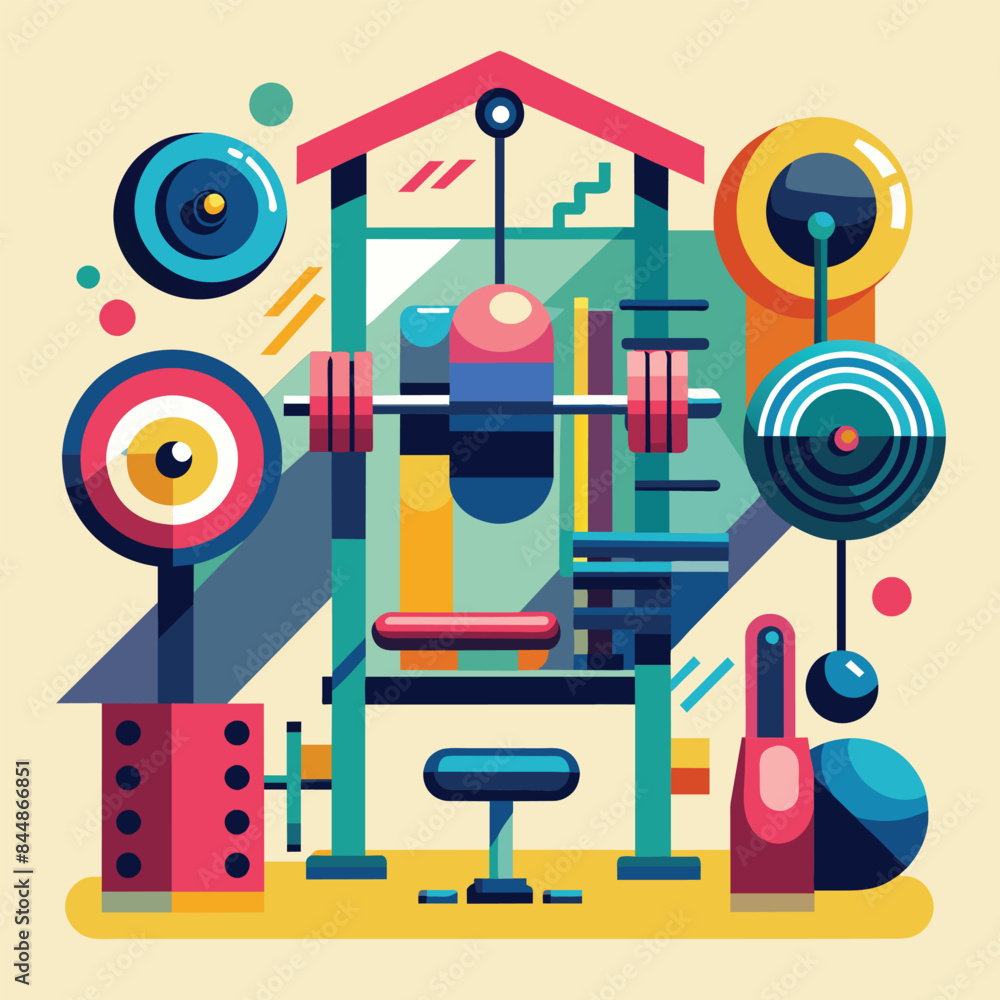 A stylized illustration featuring a weight bench, barbell, and other gym equipment in a vibrant geometric style, An artistic representation of gym equipment in a simplistic and modern style A stylized illustration featuring a weight bench, barbell, and other gym equipment in a vibrant geometric style, An artistic representation of gym equipment in a simplistic and modern style