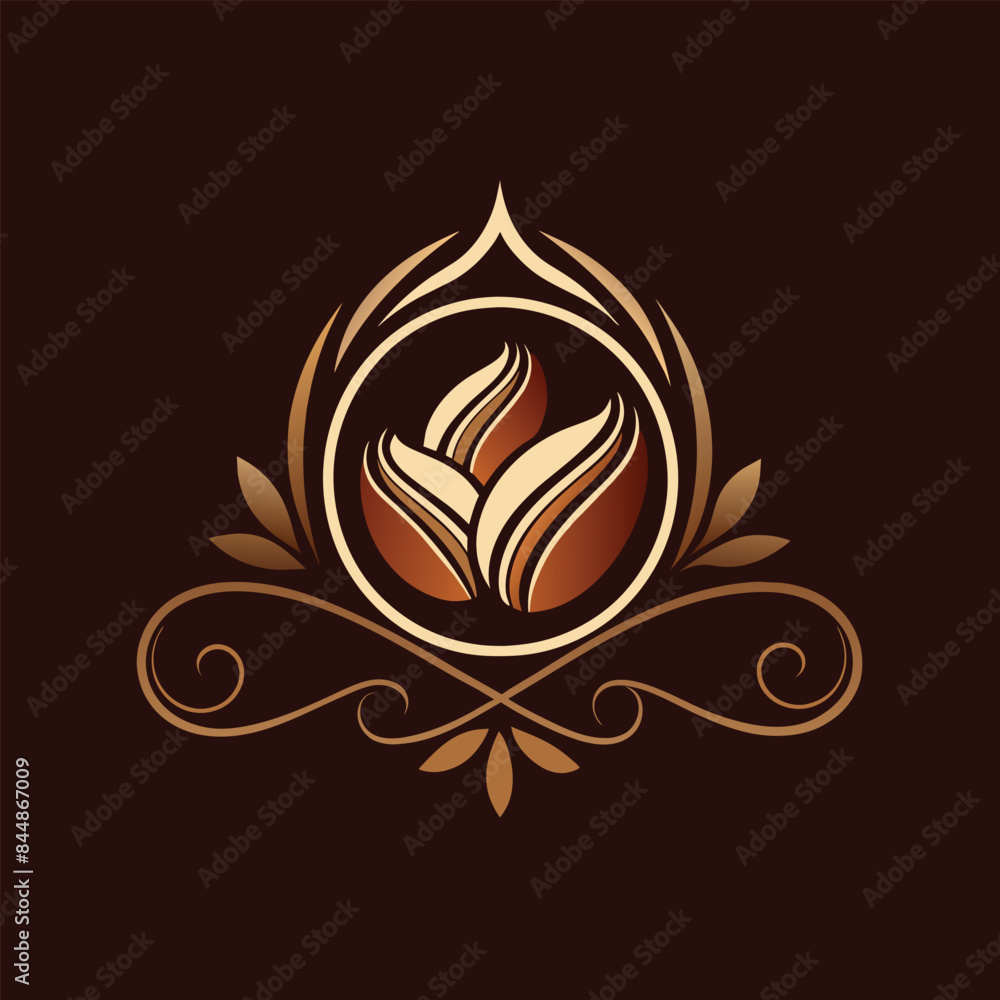 An elegant logo featuring stylized chocolate brown and gold leaves in a circular design, symbolizing the refined taste of gourmet chocolate, An elegant logo for a gourmet chocolate brand An elegant logo featuring stylized chocolate brown and gold leaves in a circular design, symbolizing the refined taste of gourmet chocolate, An elegant logo for a gourmet chocolate brand