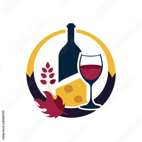 A stylized logo featuring a wine bottle, a glass of red wine, a wedge of cheese, and a stylized leaf, An elegant logo for a wine and cheese pairing company