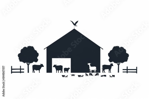 Minimalistic Vector style Illustration of Barn with Farm Animals on White Background