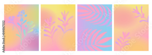 Vibrant gradient background with blur plant brunch. Vertical blurred posters with botanical tropical elements. Blurred palms and tree leaves design