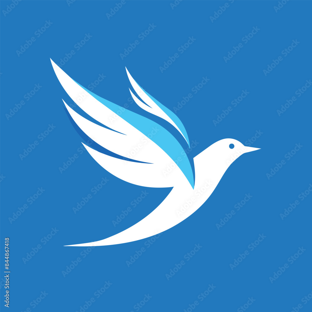 A minimalist illustration of a white bird with blue accents flying in a bright blue sky, Bird flying in a clear blue sky A minimalist illustration of a white bird with blue accents flying in a bright blue sky, Bird flying in a clear blue sky