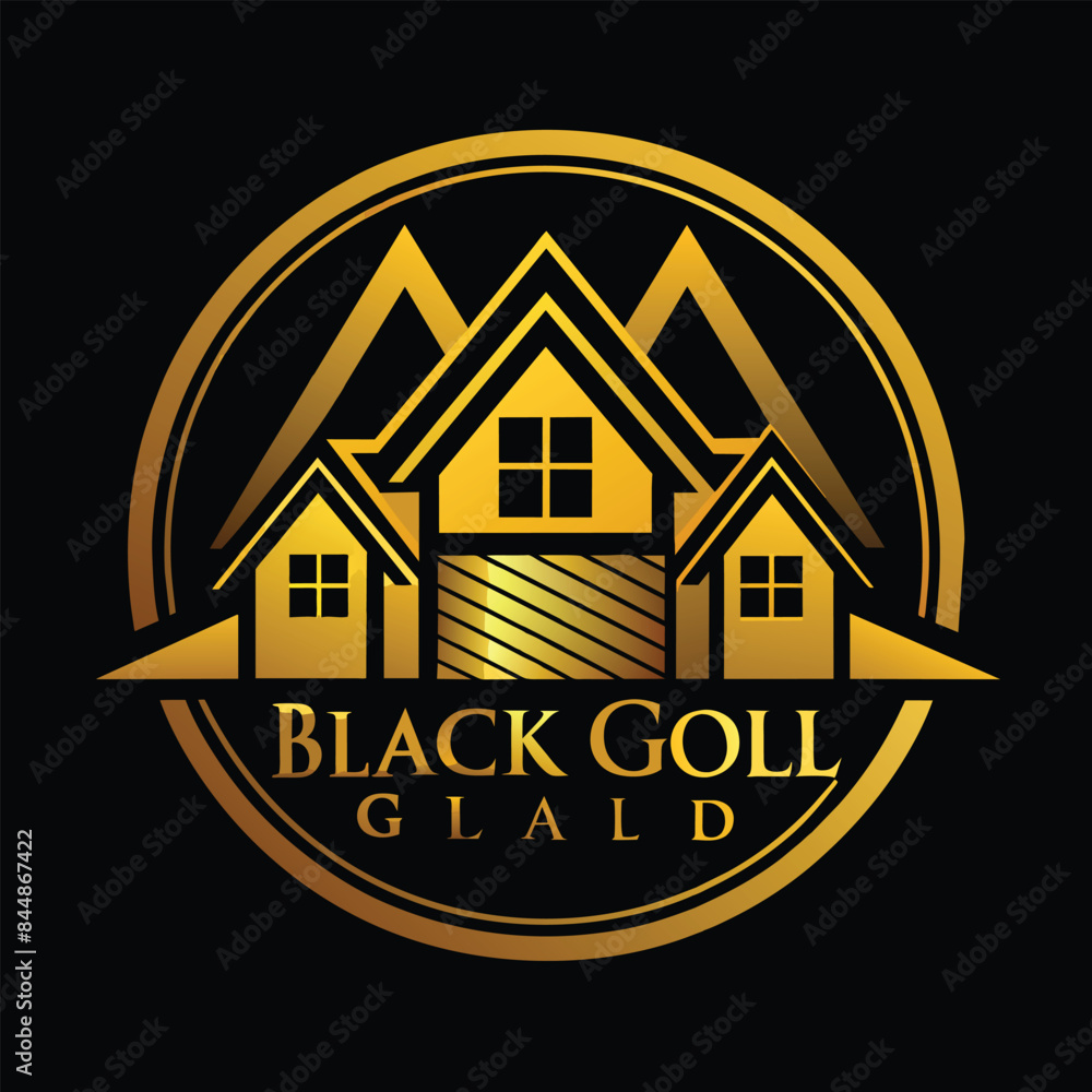 A gold real estate logo featuring three houses within a circle, Black Gold Real Estate Logo A gold real estate logo featuring three houses within a circle, Black Gold Real Estate Logo