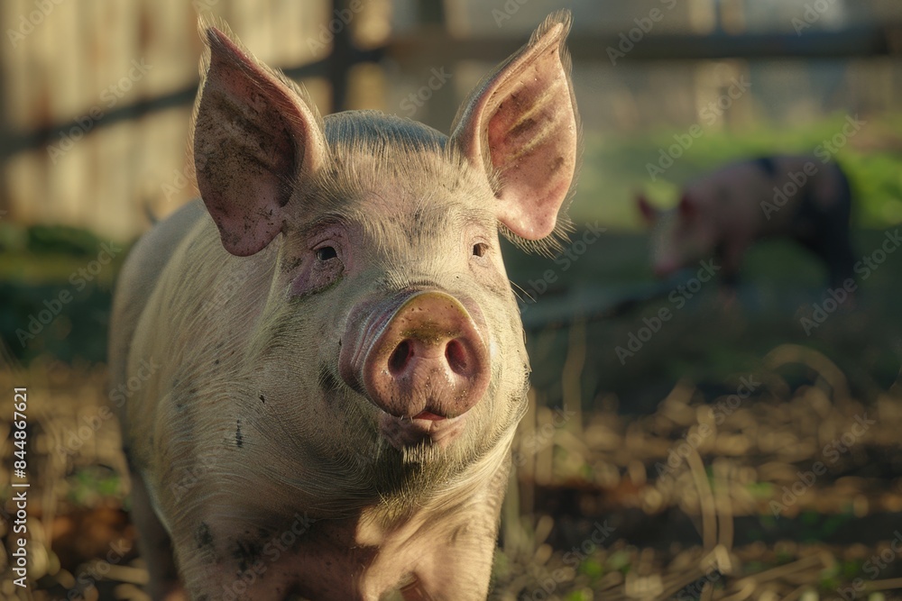 Close-Up of a Playful realistic Pig in Farm Setting Close-Up of a Playful realistic Pig in Farm Setting