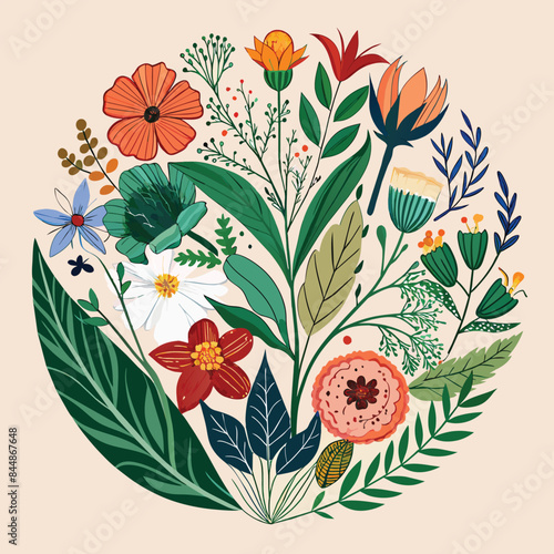 A hand-drawn floral logo depicting a vibrant bouquet of wild flowers and lush foliage arranged in a circular formation, Botanical Hand Drawn collection Logo with Wild Flower and Leaves