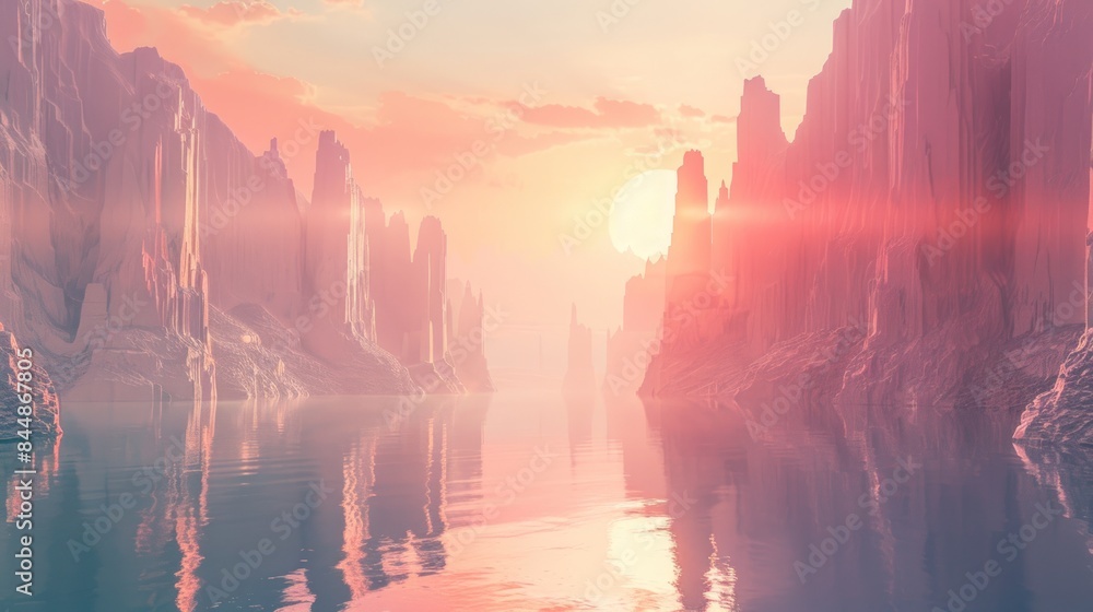 custom made wallpaper toronto digital3d render Spiritual zen wallpaper with sunset or sunrise light, futuristic landscape with cliffs and water. Modern minimal abstract background