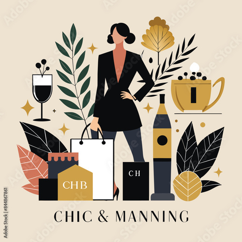 A stylish woman stands confidently in a minimalist illustration for a luxury event, Chic and minimalist branding for a luxury event planning service