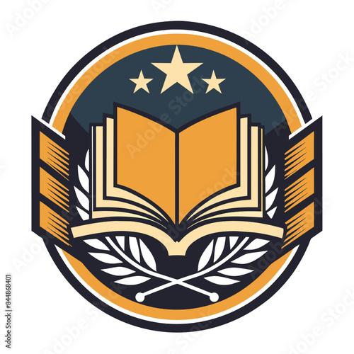 A clean, stylized emblem featuring an open book, three stars, and laurel branches, all within a circular border, Conceptualize a clean and stylish emblem for a book publisher