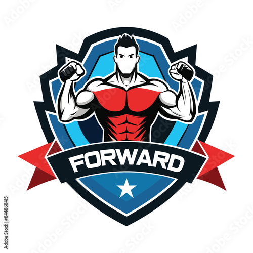 Muscular Man Posing With Dumbbells in a Shield Logo Design for Forward, Conceptualize a logo that encapsulates the ethos of a forward-thinking fitness center
