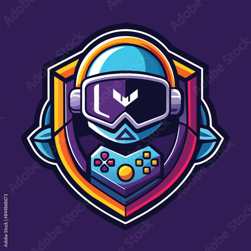 Colorful Virtual Reality Gamer Logo Design With Shield and Headphones, Craft a clean and simple logo for a virtual reality gaming studio
