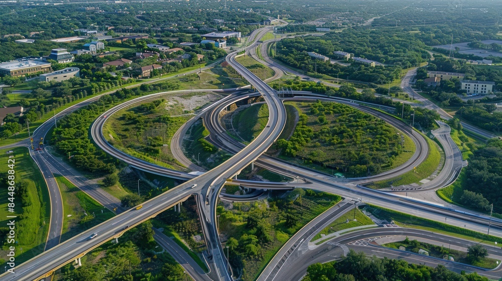 A complex highway interchange weaves through lush greenery in an aerial photograph displaying urban planning A complex highway interchange weaves through lush greenery in an aerial photograph displaying urban planning