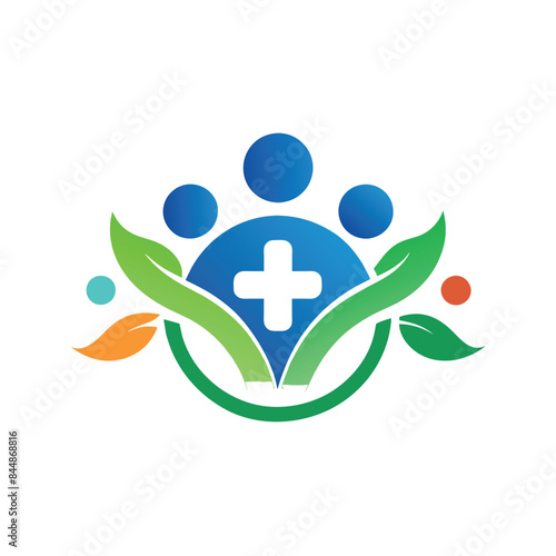 Minimalist Healthcare Consulting Logo Featuring a White Cross, Green Leaves, and Blue People Icons, Craft a minimalist logo for a healthcare consulting agency that prioritizes patient-centered care